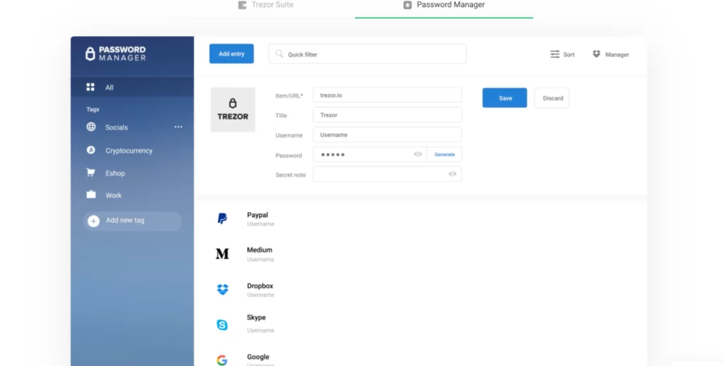 Trezor model T password manager