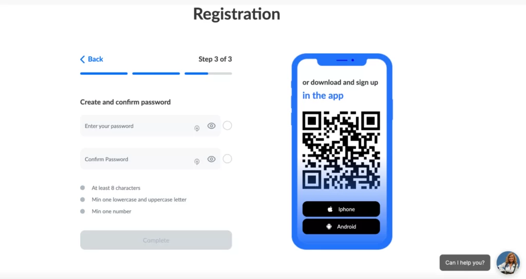 Second step of registration on ECOS