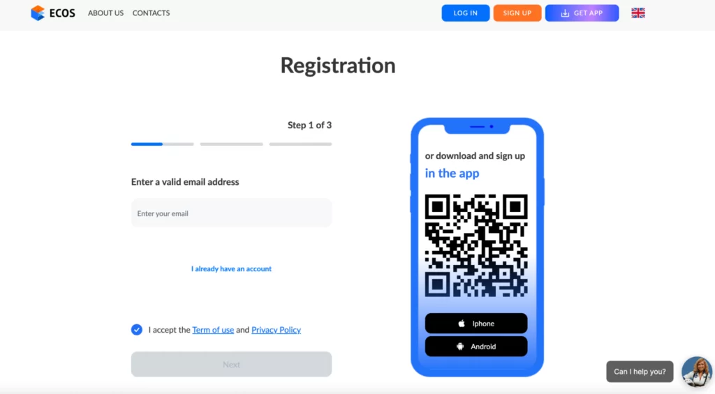 First step of registration on ECOS