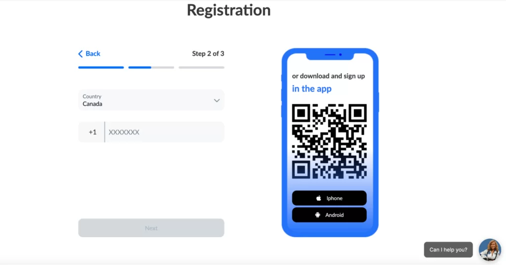 Second step of registration on ECOS