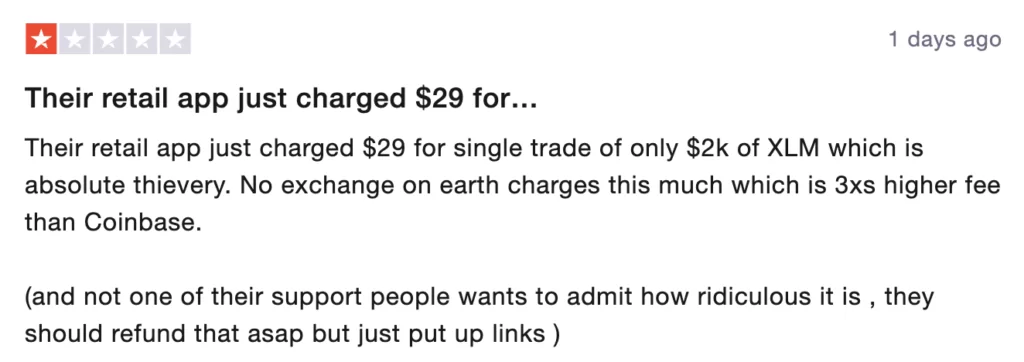 Negative review on Kraken on Trustpilot
