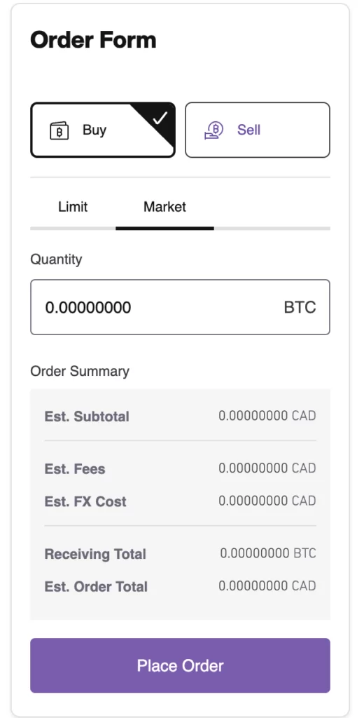 Order form on Catalyx crypto exchange