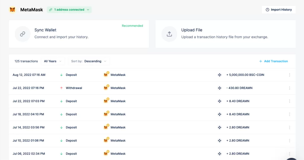 Metamask transaction are being synched with Coinledger