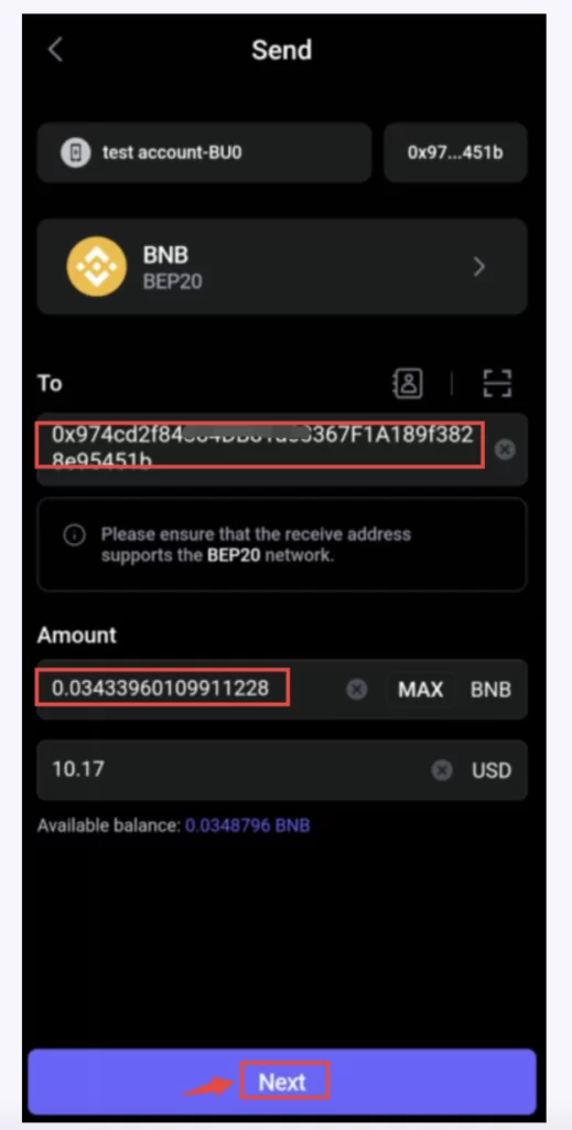 Sending BNB assets to a different crypto wallet