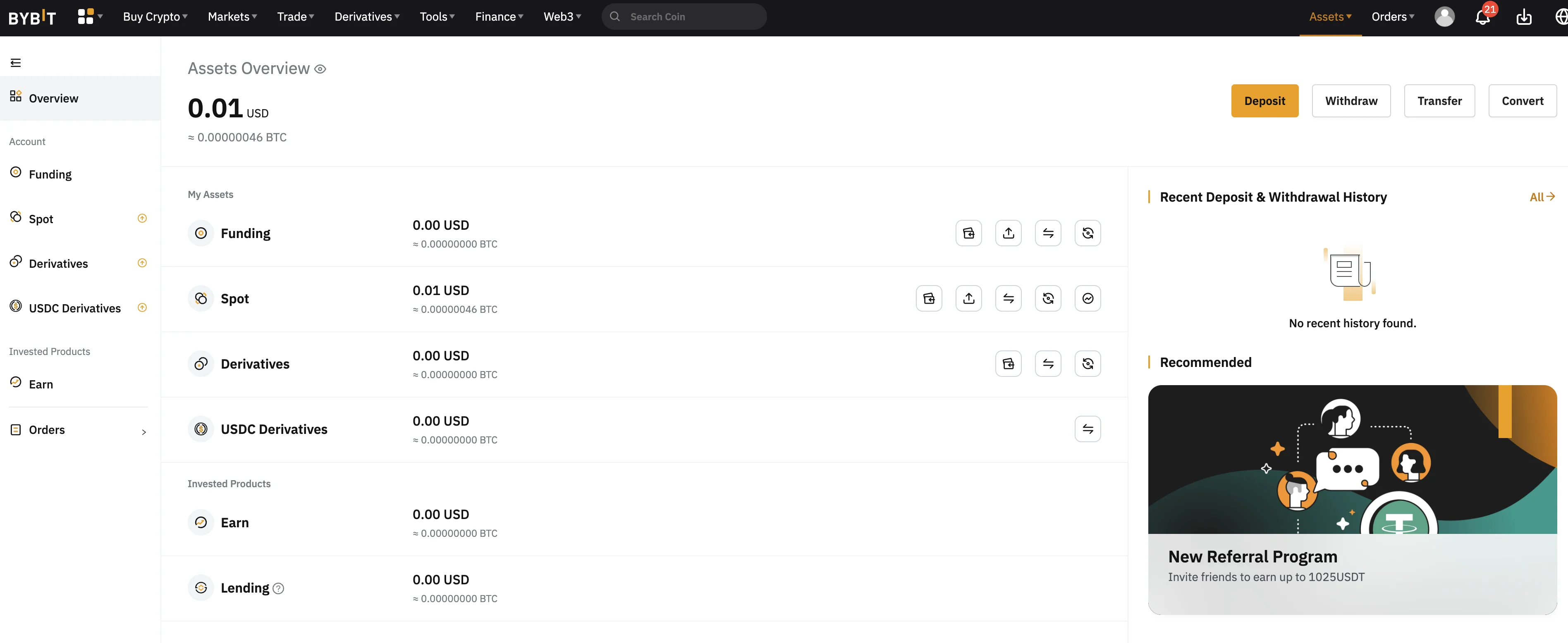 ByBit assets overview screen showing 0.01 USD in spot assets and options for deposit, withdraw, transfer, and convert.