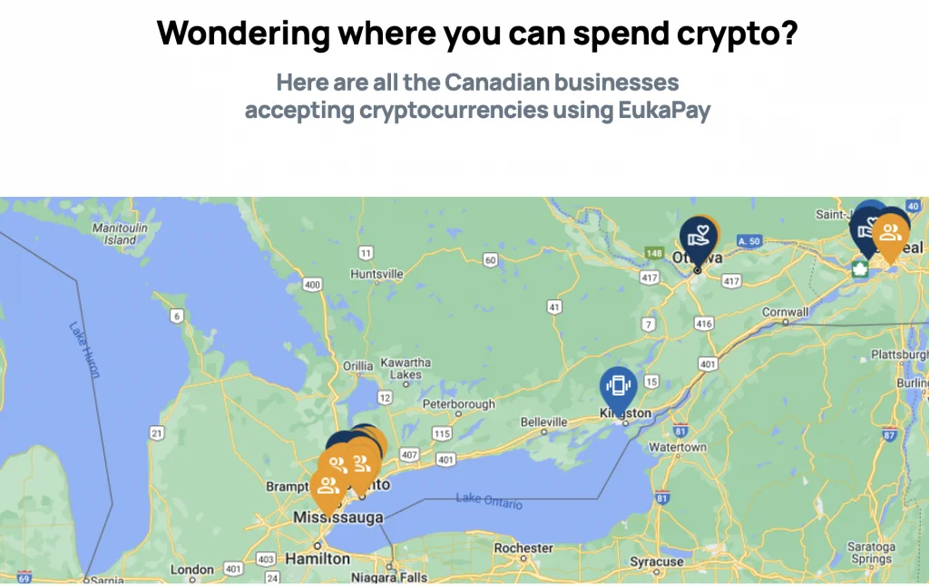 Eukapay's map with Canadian businesses who accept crypto