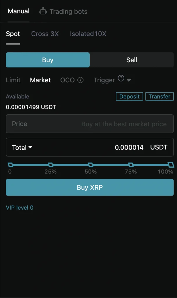 Market order for buying XRP via Bitget