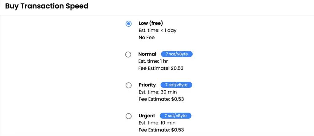 Different fee options available when trading bitcoin with Bitcoin Well exchange