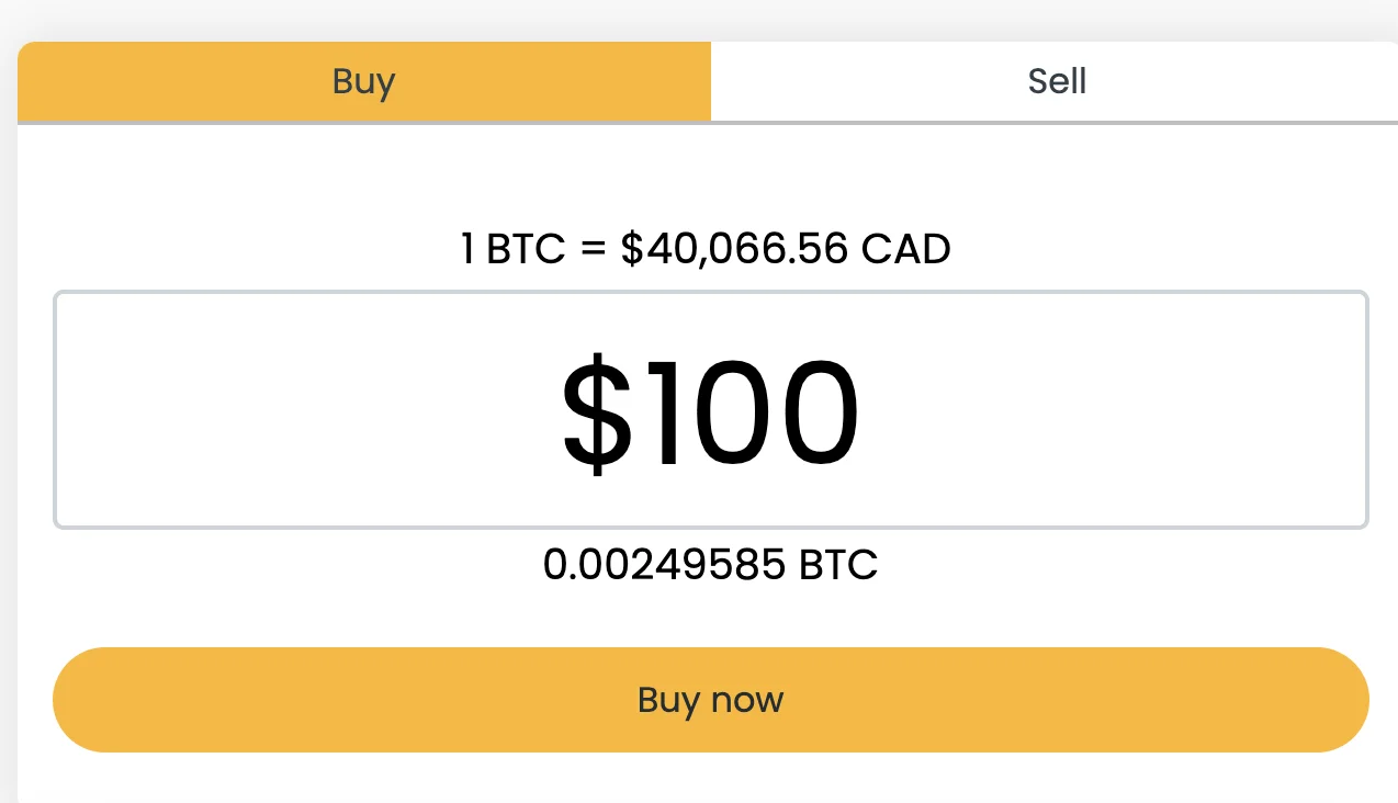 Bitcoin Well buy screen showing $100 CAD for 0.00249585 BTC.