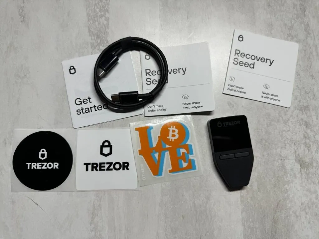 Unboxed Trezor Model T crypto wallet