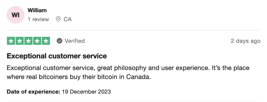A Bull Bitcoin Review showing a 5-star customer review from William praising exceptional customer service.