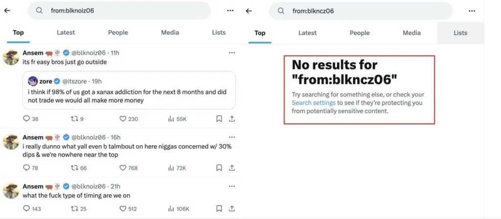 Shield Your Wallet: a screenshot of a Twitter search showing results for a user on the left and no results on the right.