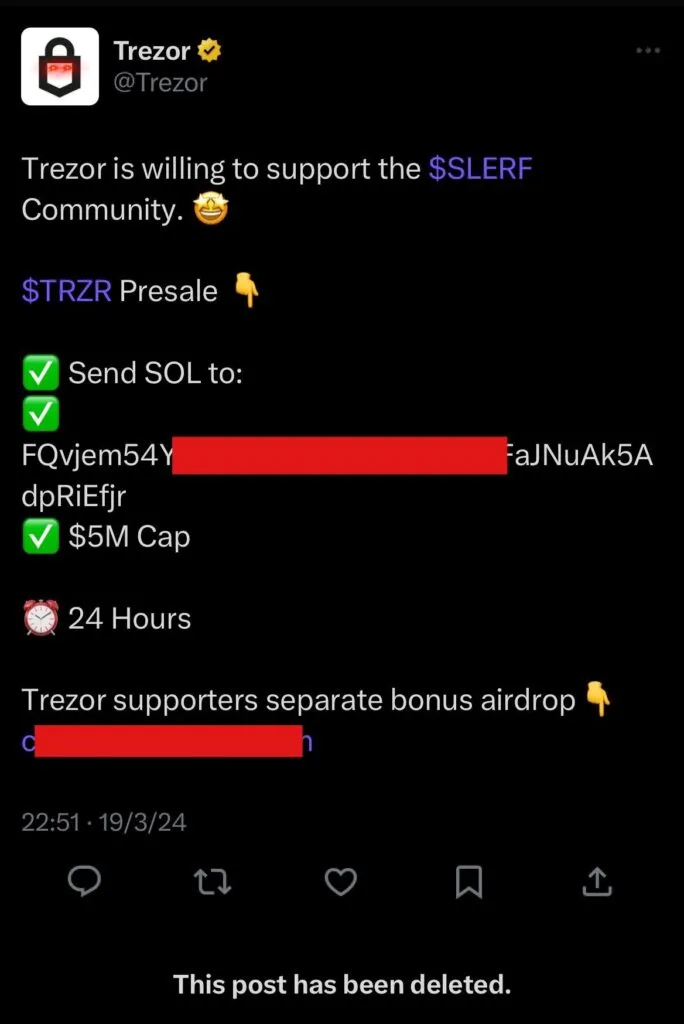 A deleted Trezor tweet promoting a Solana presale scam, showing a wallet address.