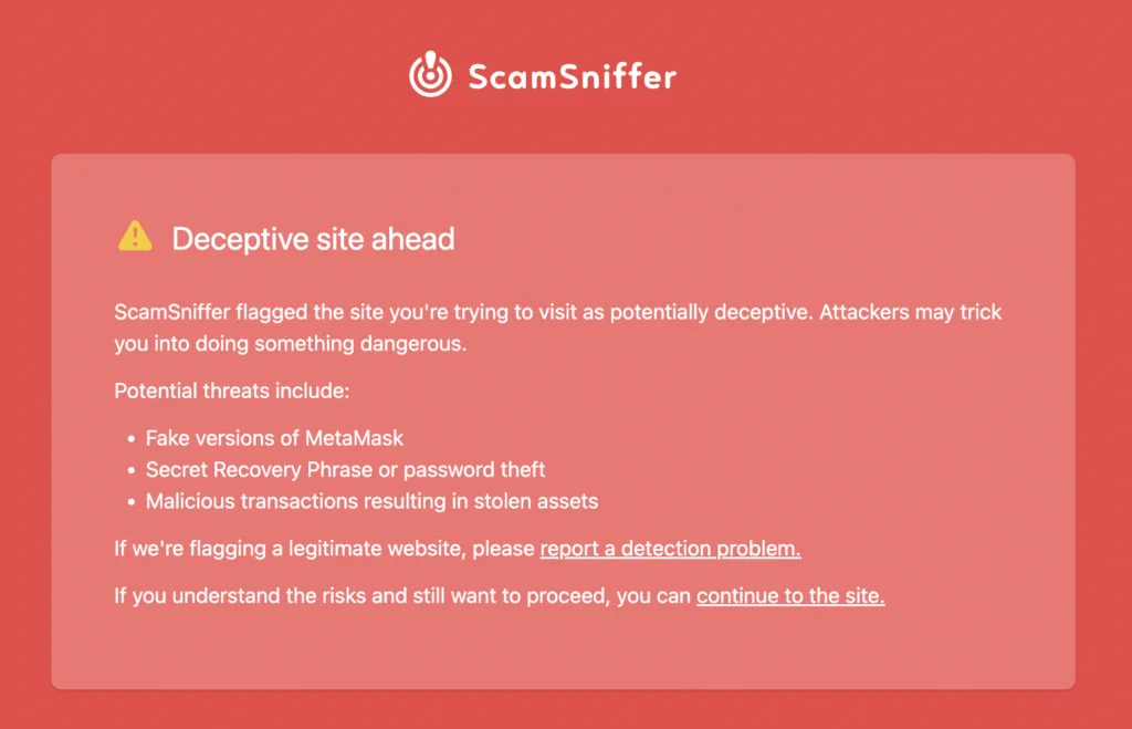 Shield Your Wallet: a screenshot of the ScamSniffer warning page for a deceptive site.
