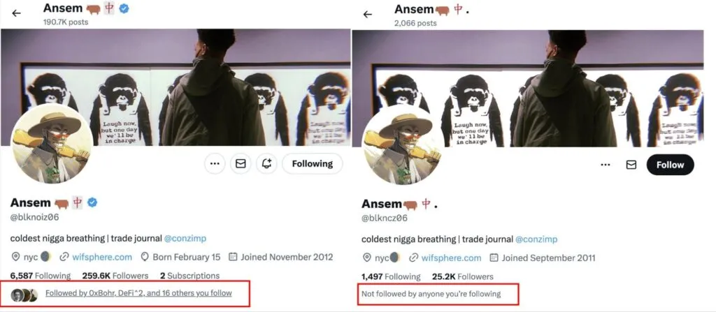 Shield Your Wallet: A comparison of two X (formerly Twitter) profiles, one showing mutual followers and the other none.
