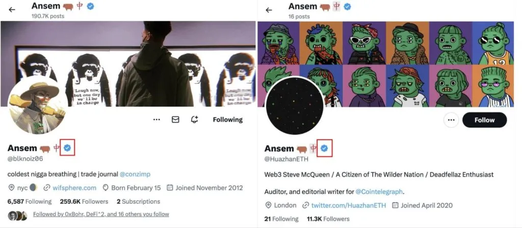 Shield Your Wallet: Two Twitter profiles with blue checkmarks, one showing a Banksy-style image and the other NFT art.