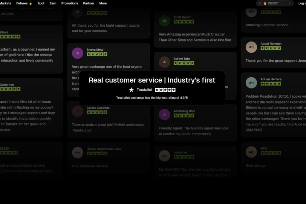 A Bitunix review screenshot showing multiple positive customer testimonials with 5-star ratings and a Trustpilot pop-up.