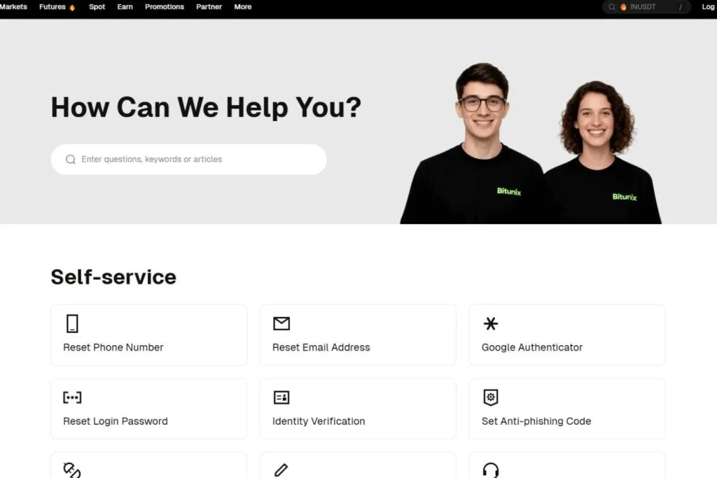 Bitunix Review: Screenshot of the Bitunix customer support page with self-service options.
