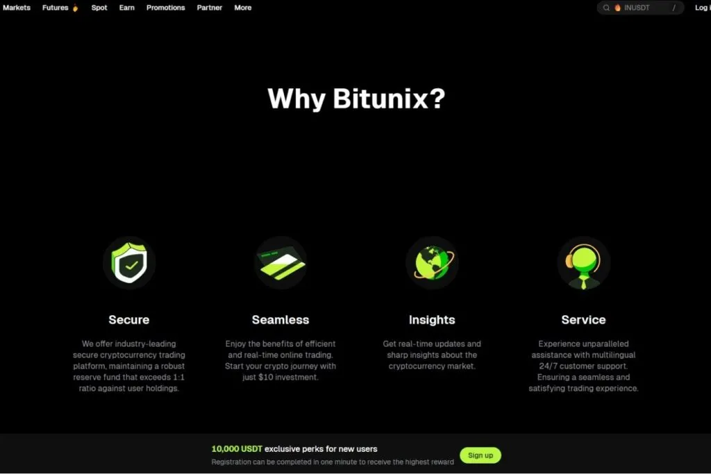 Bitunix Review: a screenshot of the Bitunix website highlighting its secure, seamless, insights, and service features.