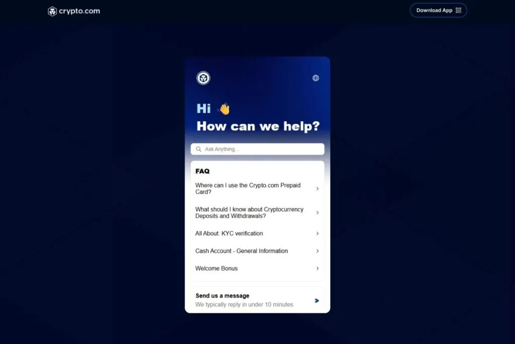 Crypto.com Review: a screenshot of the Crypto.com customer support chat interface.