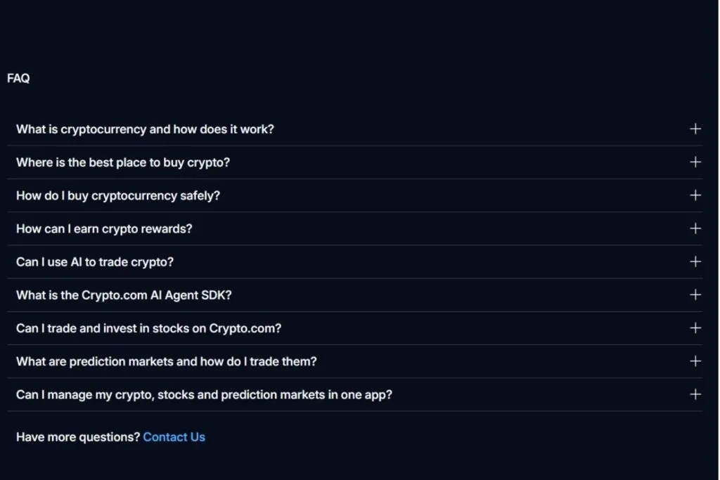 A Crypto.com Review screenshot of an FAQ section with questions about cryptocurrency and trading.