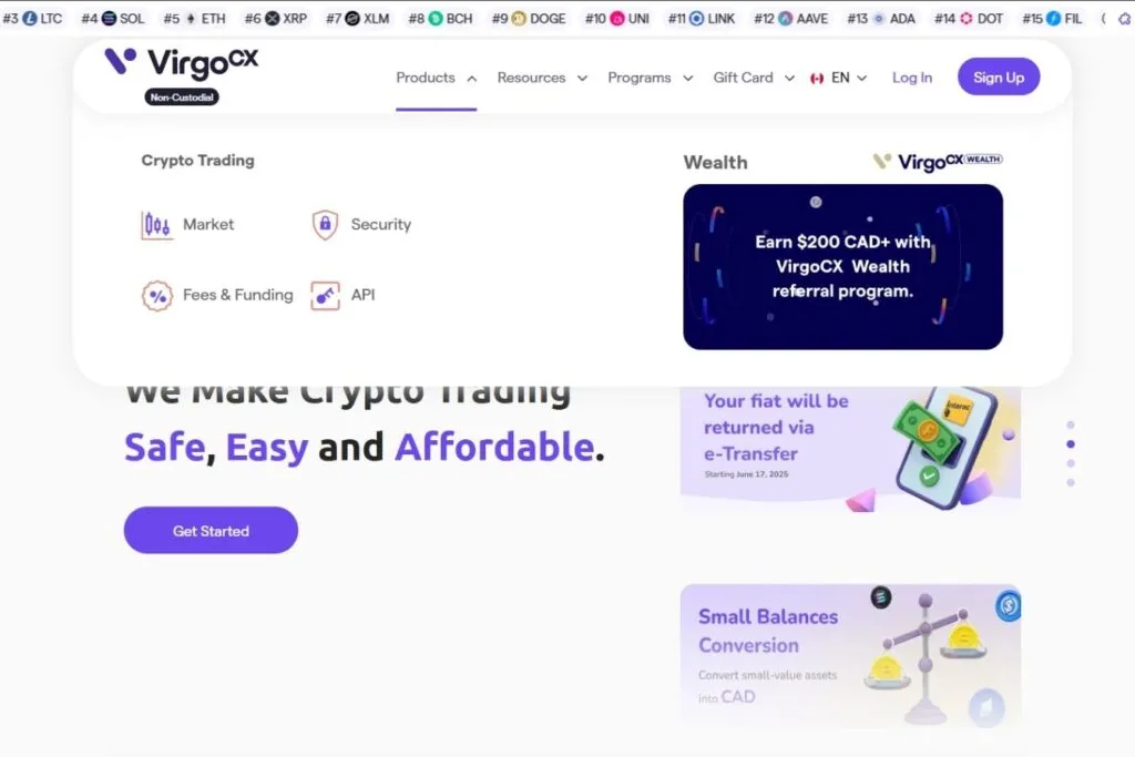 VirgoCX Review: Screenshot of the VirgoCX website homepage with crypto trading features.