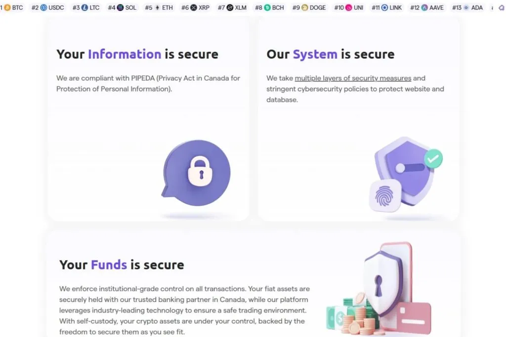 A VirgoCX review screenshot showing security features for information, system, and funds with lock and shield icons.