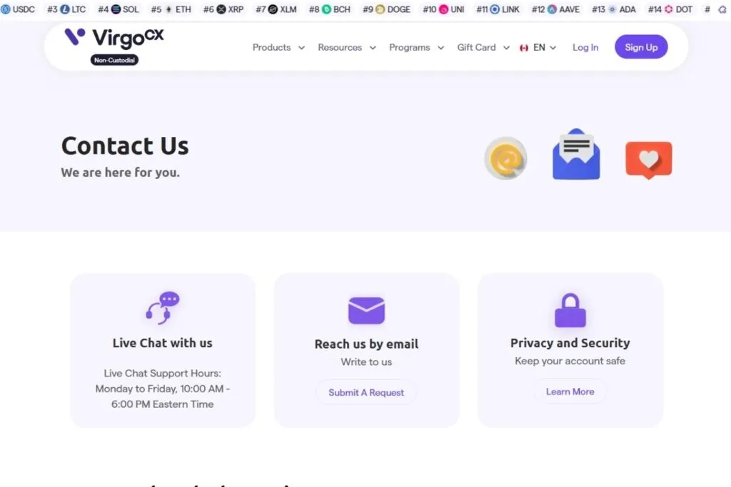 VirgoCX Review: screenshot of the VirgoCX "Contact Us" page showing live chat, email, and privacy options.