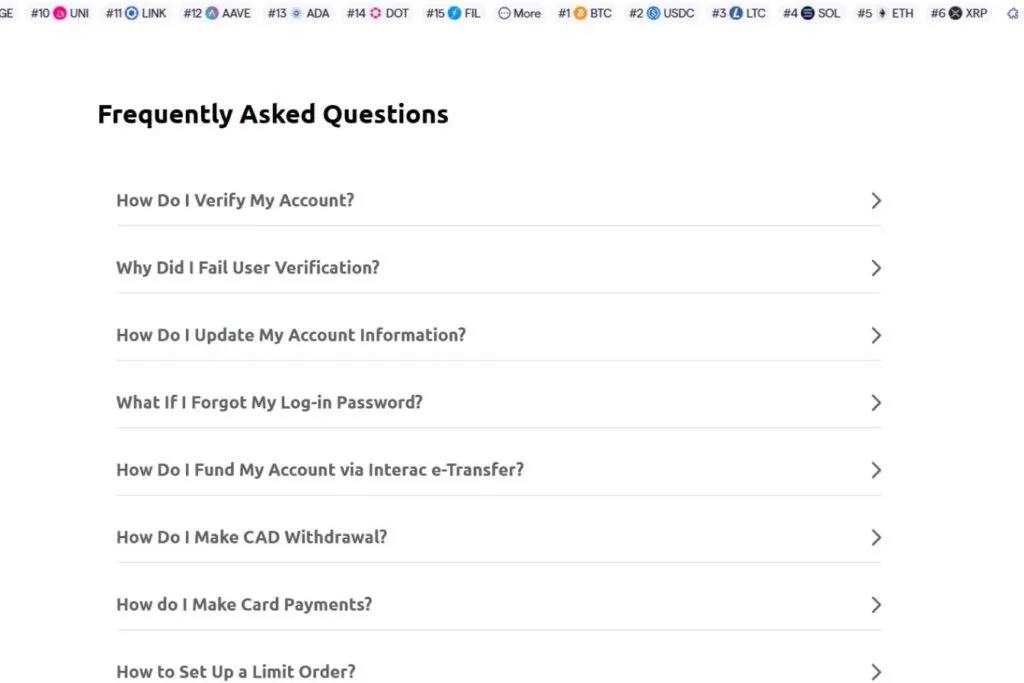 VirgoCX Review: a screenshot of the exchange's frequently asked questions section.