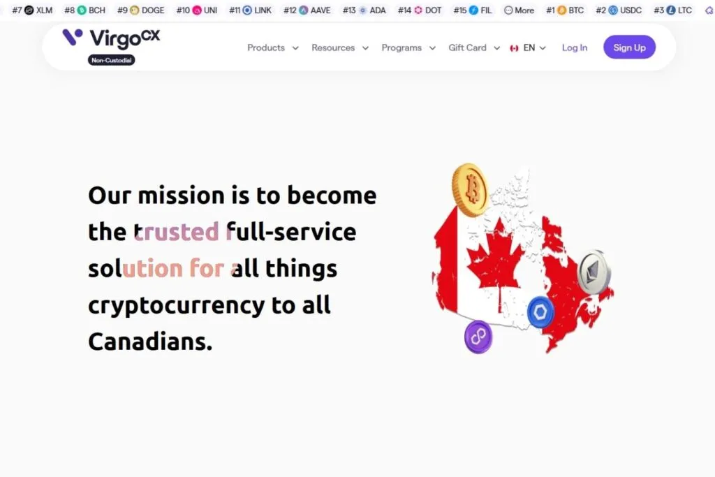 VirgoCX Review: a screenshot of the VirgoCX website showing their mission statement and a map of Canada with crypto coins.