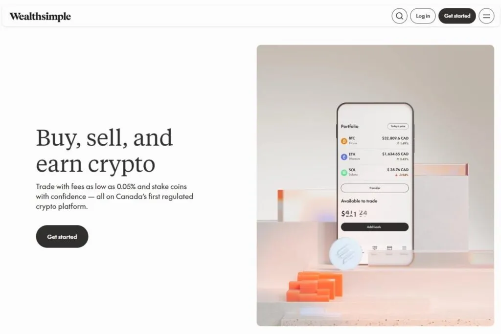 Wealthsimple Crypto review showing the platform's homepage with a phone displaying a crypto portfolio.