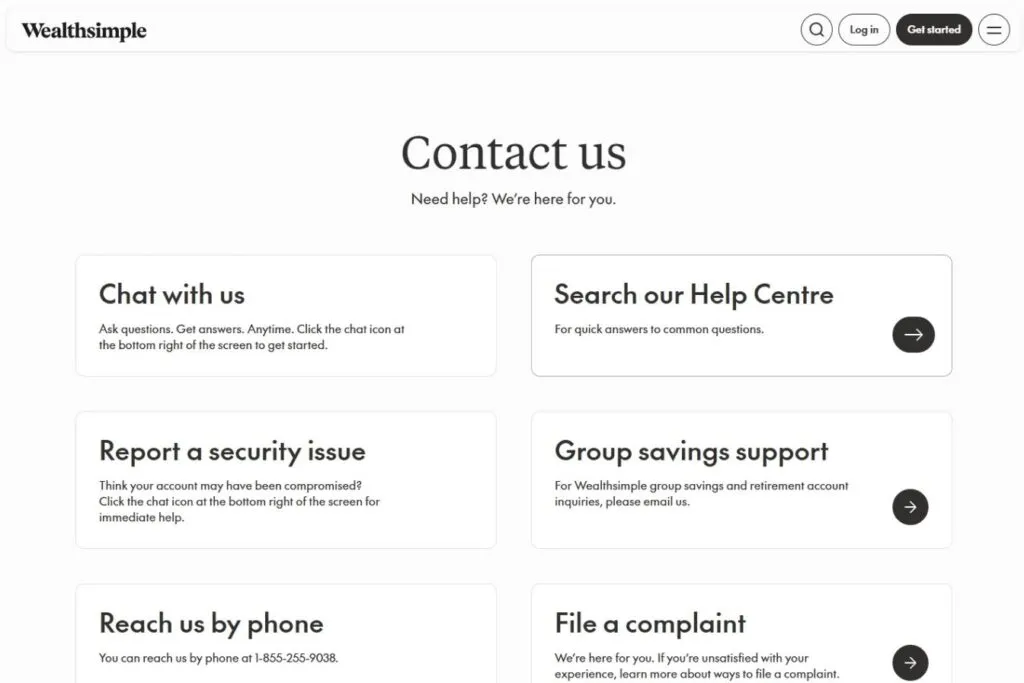 A screenshot of the Wealthsimple Crypto contact us page showing various support options.