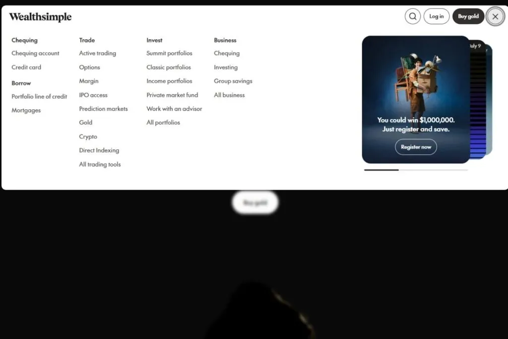 Wealthsimple Crypto review: Wealthsimple website navigation menu showing "Crypto" under the "Trade" section.