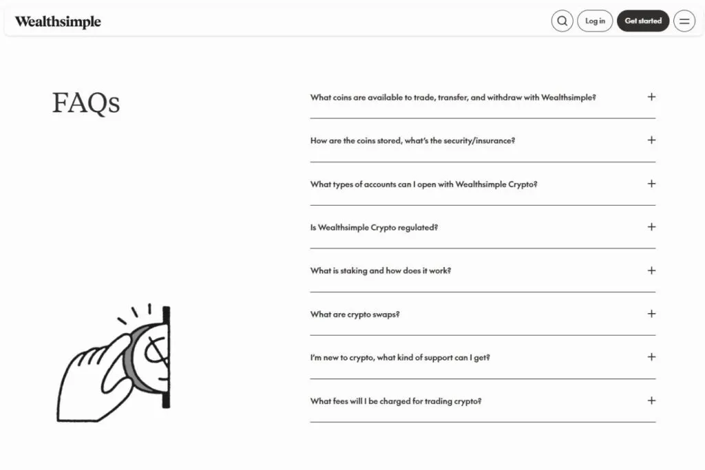 Wealthsimple Crypto FAQ page with a hand inserting a coin into a slot.