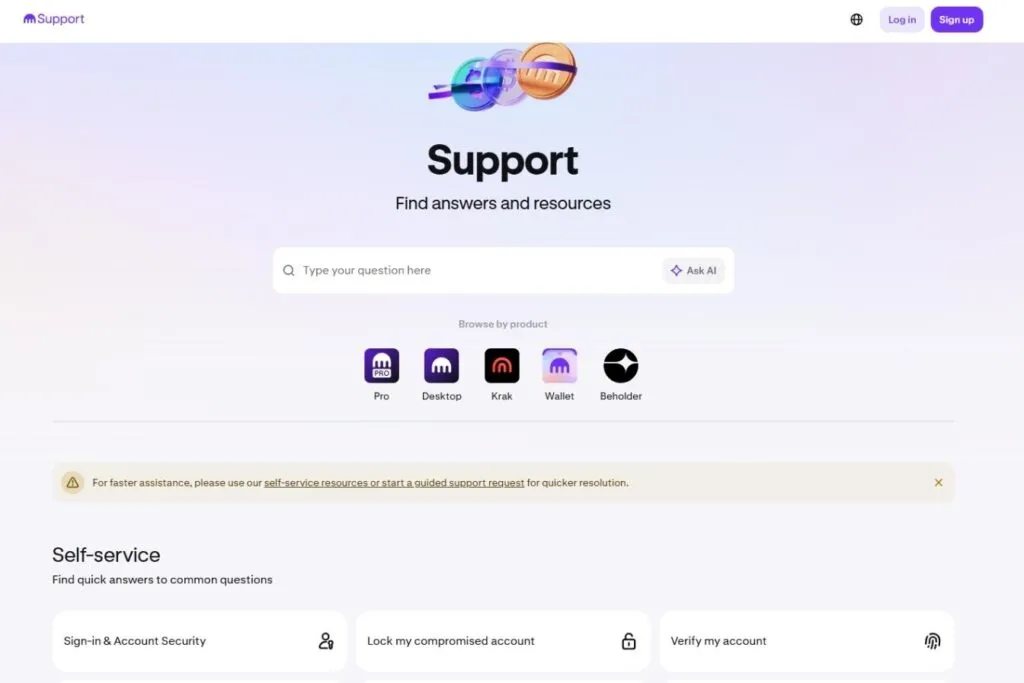 A screenshot of the Kraken support page with a search bar and self-service options.