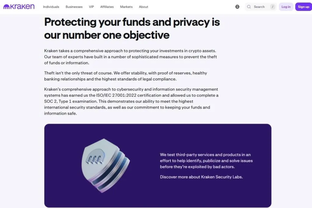 Kraken Crypto Exchange Review for Canadians: Kraken's security page with text about protecting funds and privacy.