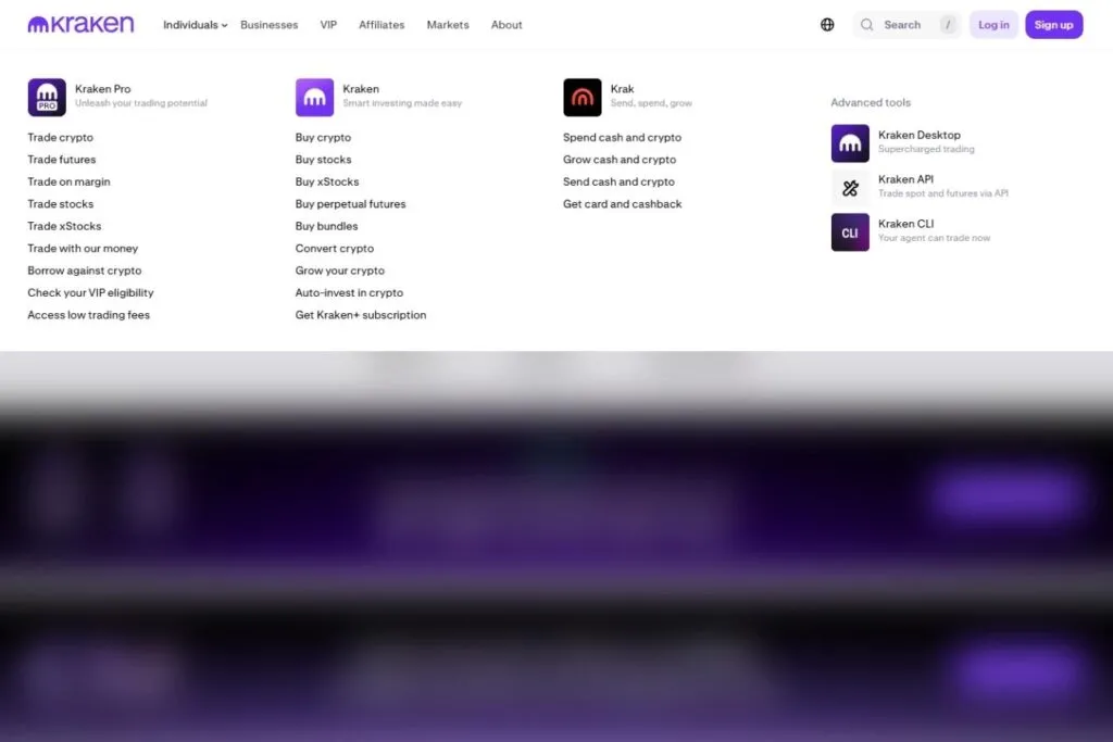 A Kraken Crypto Exchange Review for Canadians showing the Kraken website's features menu, including trading options and advanced tools.