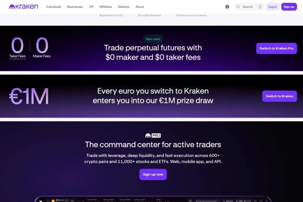 A Kraken Crypto Exchange Review for Canadians screenshot showing the exchange's homepage with promotional banners.