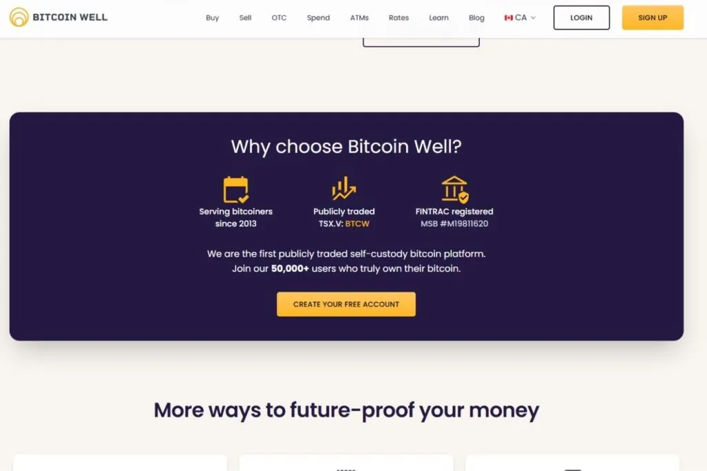 Bitcoin Well website screenshot showing "Why choose Bitcoin Well?" section with key features.