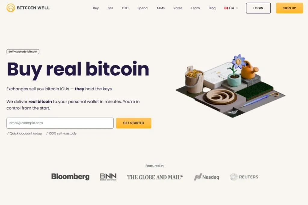 Bitcoin Well homepage screenshot showing "Buy real bitcoin" text, email input, and a 3D illustration.