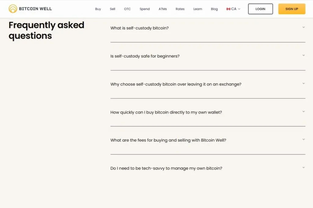 Bitcoin Well review screenshot showing the frequently asked questions section of their website.