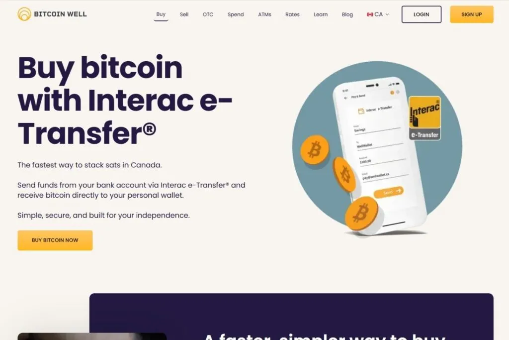 Bitcoin Well review: a phone screen showing an Interac e-Transfer form with bitcoin coins.