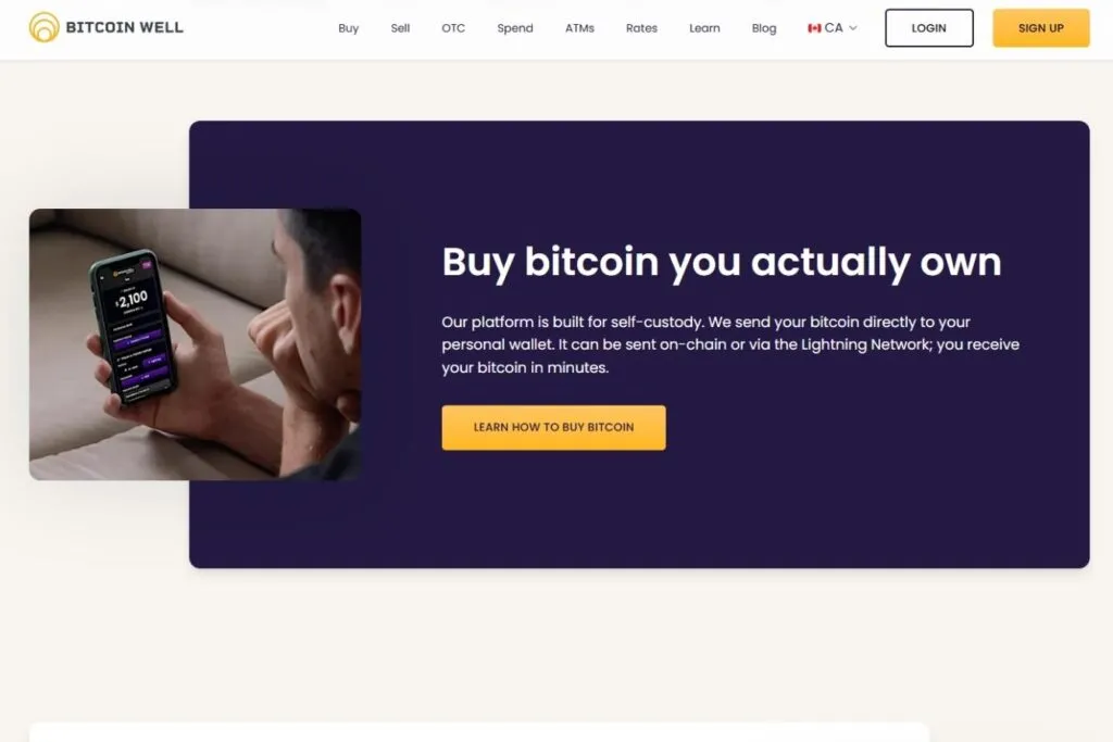 A Bull Bitcoin Review image showing the Bitcoin Well website with a man holding a phone displaying a crypto balance.
