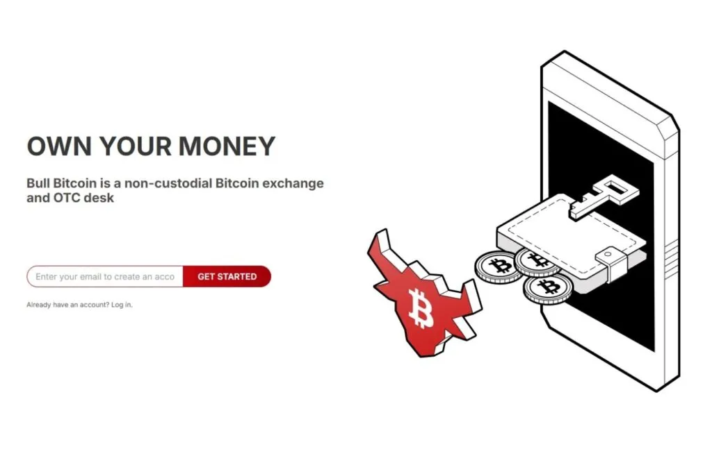Bull Bitcoin platform screenshot showing an email signup form and a graphic of a phone, wallet, and Bitcoin.