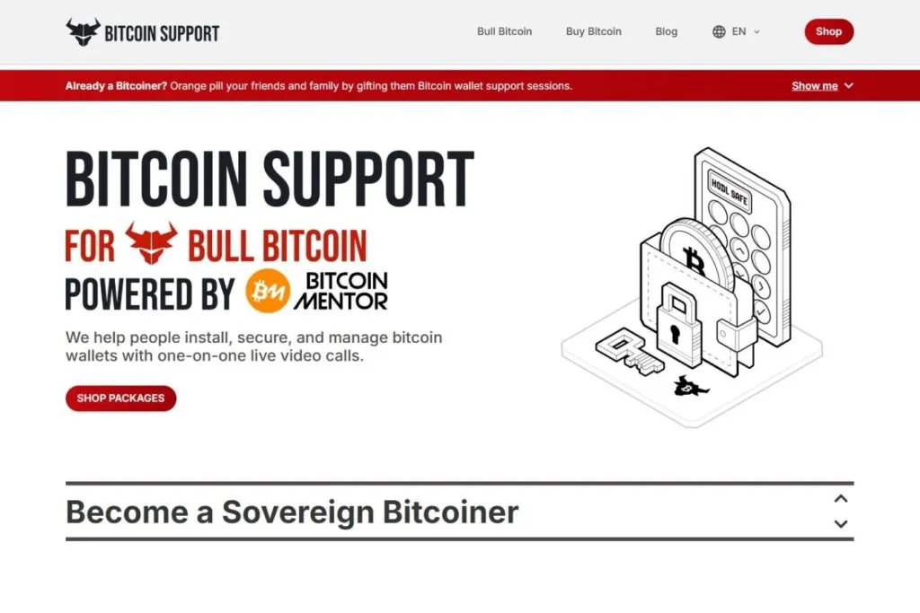 Bull Bitcoin support page screenshot with text "Bitcoin Support for Bull Bitcoin powered by Bitcoin Mentor".