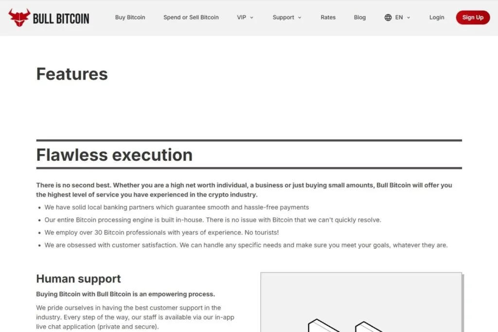 A screenshot of the Bull Bitcoin website showing the "Features" section with "Flawless execution" and "Human support" headings.