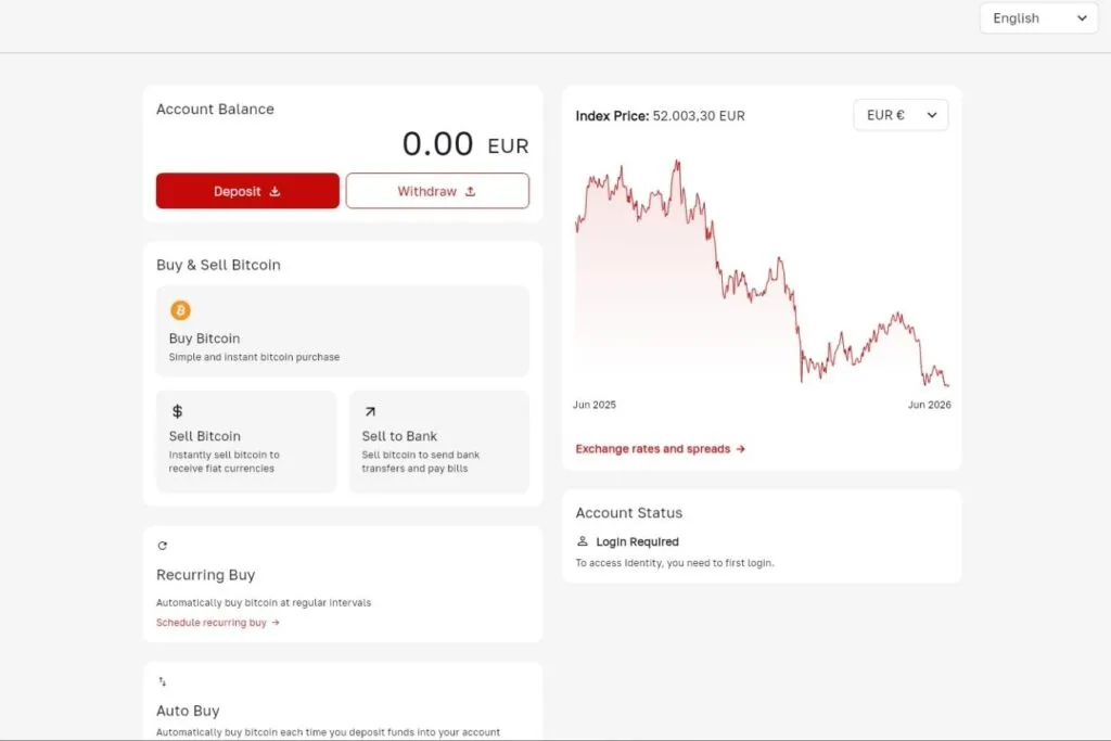 Bull Bitcoin review: a screenshot of the Bull Bitcoin platform showing account balance, buy/sell options, and a price chart.
