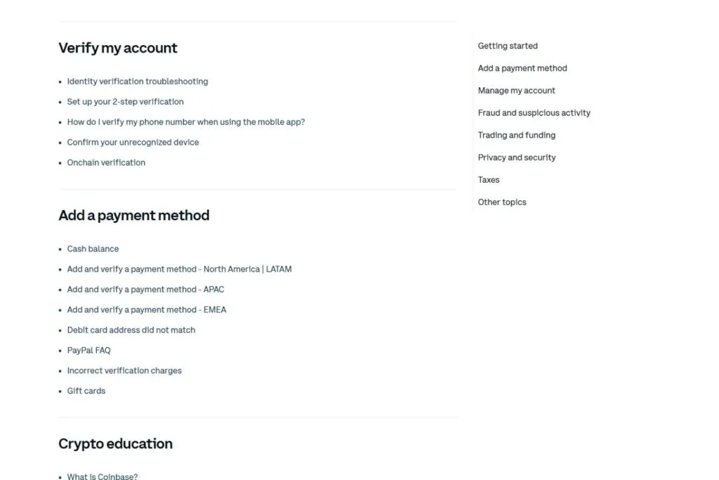 Coinbase Canada Review: a screenshot of the Coinbase help page showing payment method options.