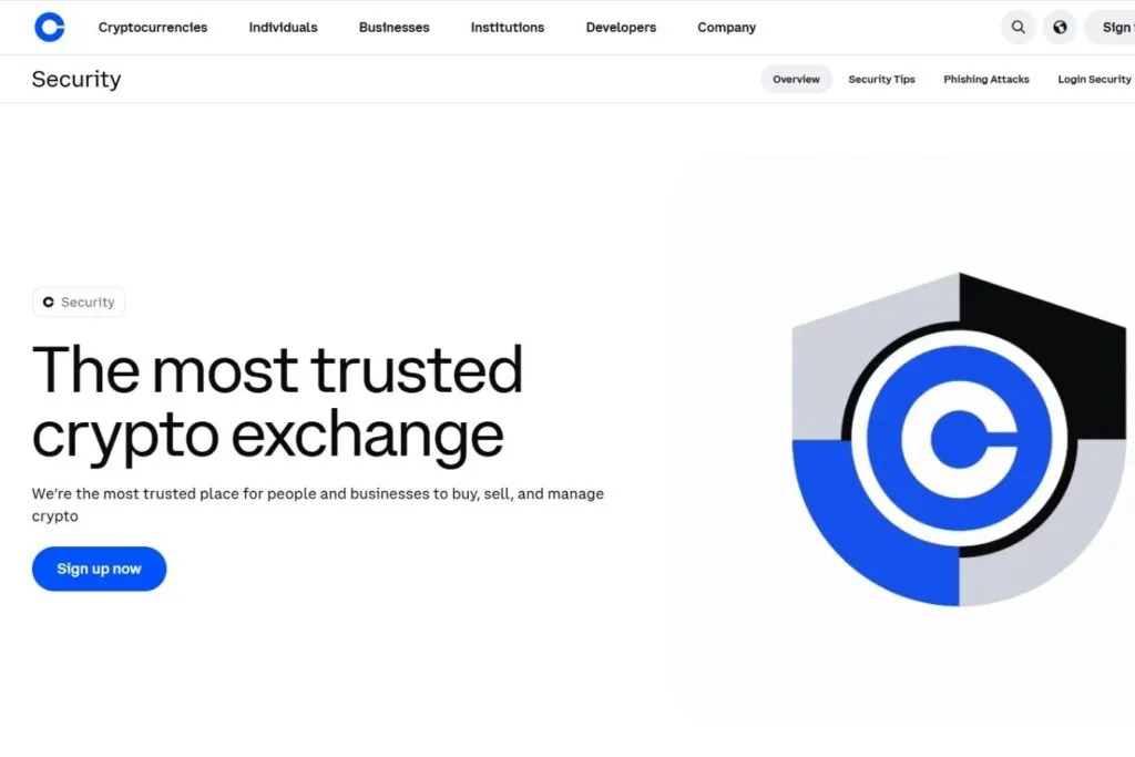 Coinbase Canada Review: A screenshot of the Coinbase security page with "The most trusted crypto exchange" headline and a blue shield logo.