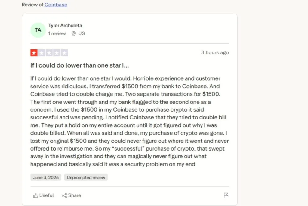A Coinbase Canada Review showing a one-star user review detailing a double charge and lost funds.